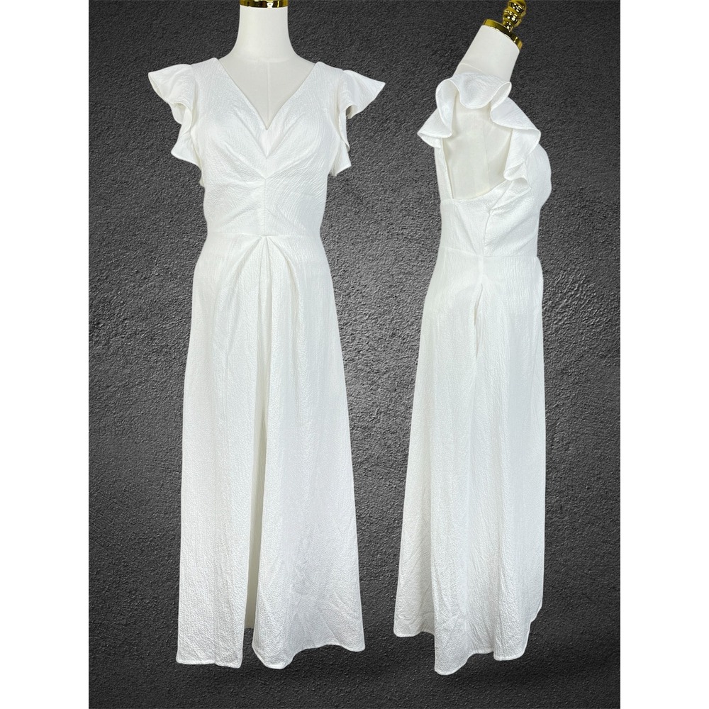 ASTR The Label White Textured Maxi Dress V-Neck Ruffle Sleeve ACDR100531 Small